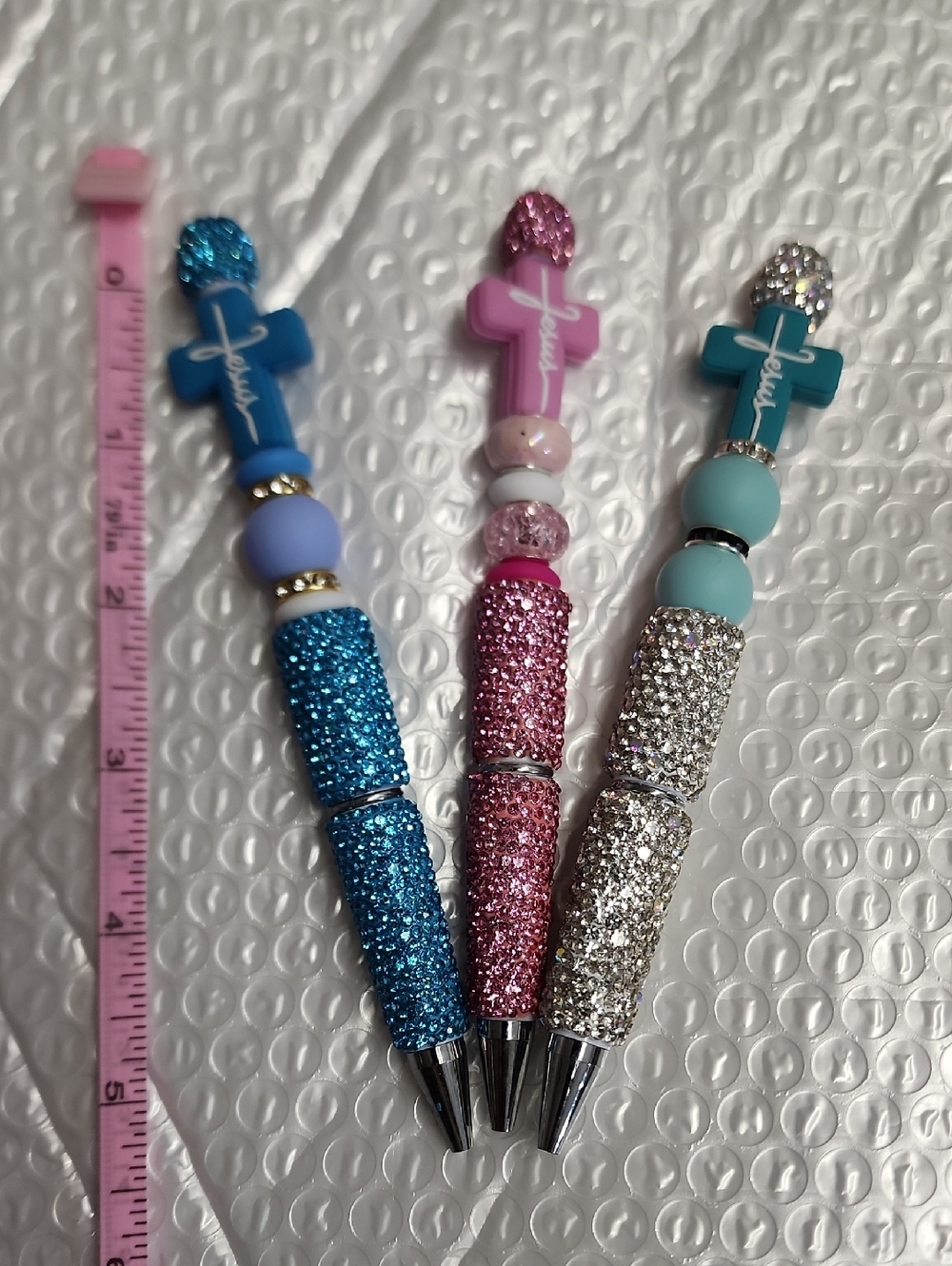 Set Of 3 Sparkle Cross Gem Ballpoint Pens - Blue, Pink, Silver